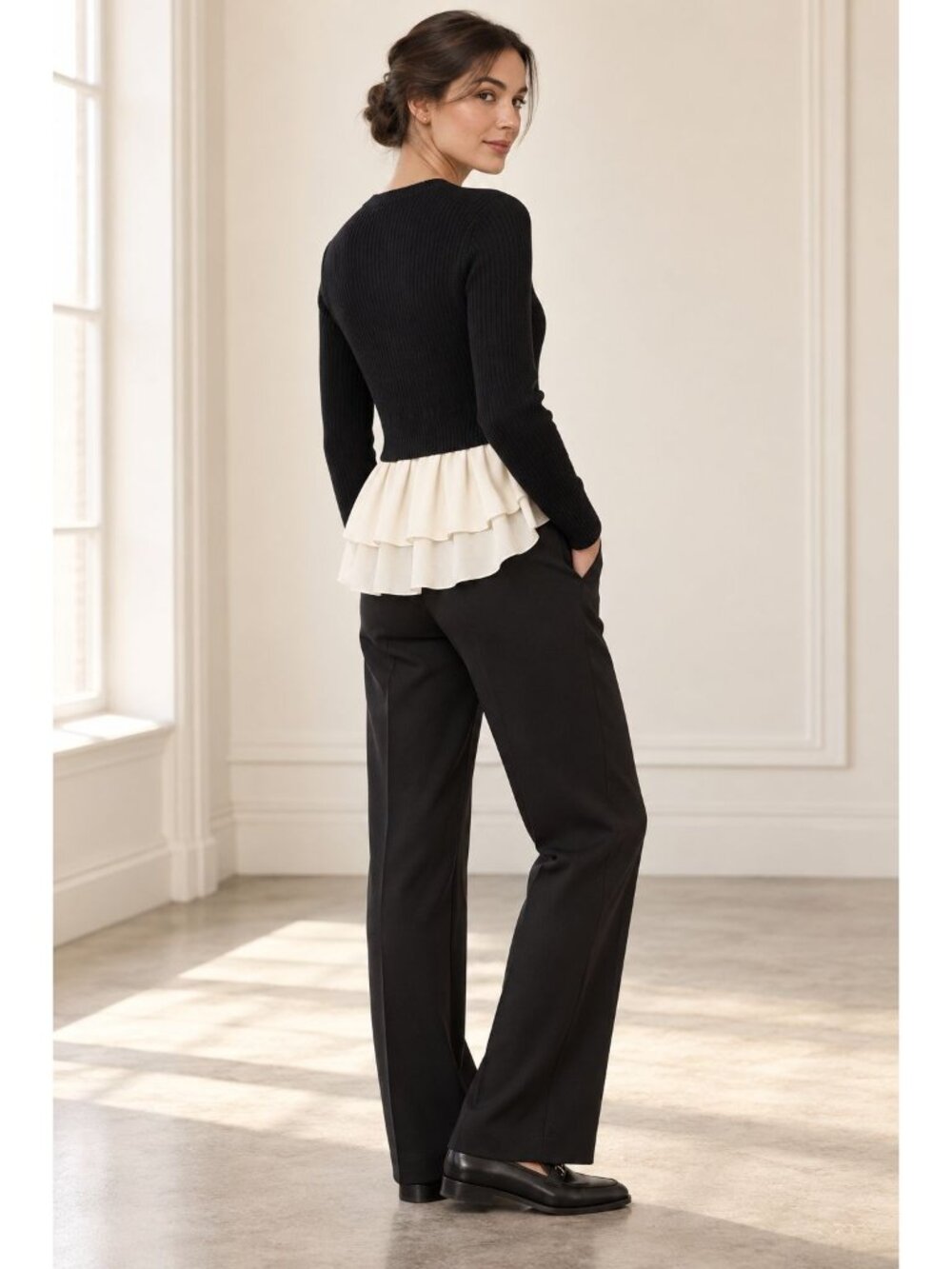 Club Monaco Rumi Sweater XS Black Wool Angora Ivory Ruffle Layered